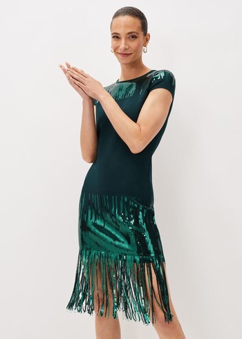 Phase Eight Ferne Sequin Fringeted Dress Green Canada | UDSLIO-512